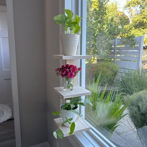 May include: A set of three wooden shelves mounted on a window frame, each shelf holding a potted plant. The top shelf has a green plant in a white pot, the middle shelf has a bouquet of pink roses in a clear glass vase, and the bottom shelf has a green plant in a white pot.