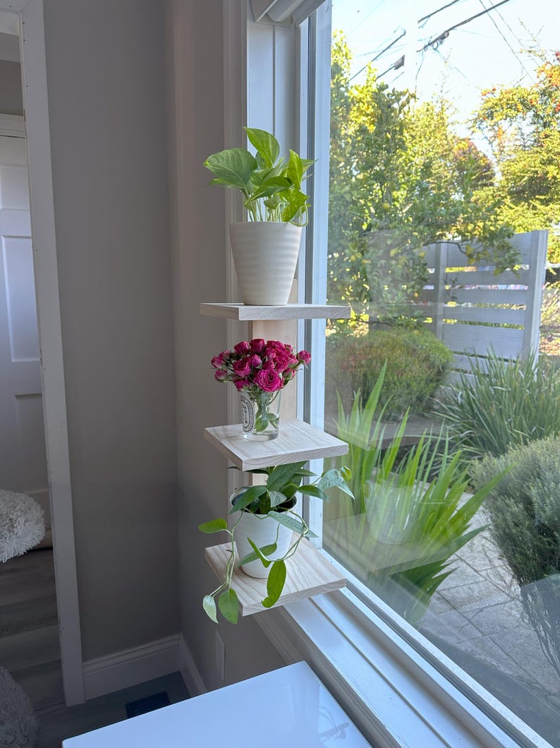 May include: A set of three wooden shelves mounted on a window frame, each shelf holding a potted plant. The top shelf has a green plant in a white pot, the middle shelf has a bouquet of pink roses in a clear glass vase, and the bottom shelf has a green plant in a white pot.