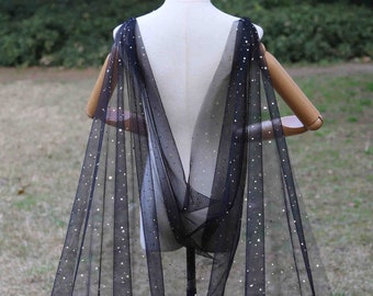 Glitter Gold Star Sequin Black bridal chapel wedding cape shawl poncho bridal veil long cape detachable bridal cape veil wedding cape adult