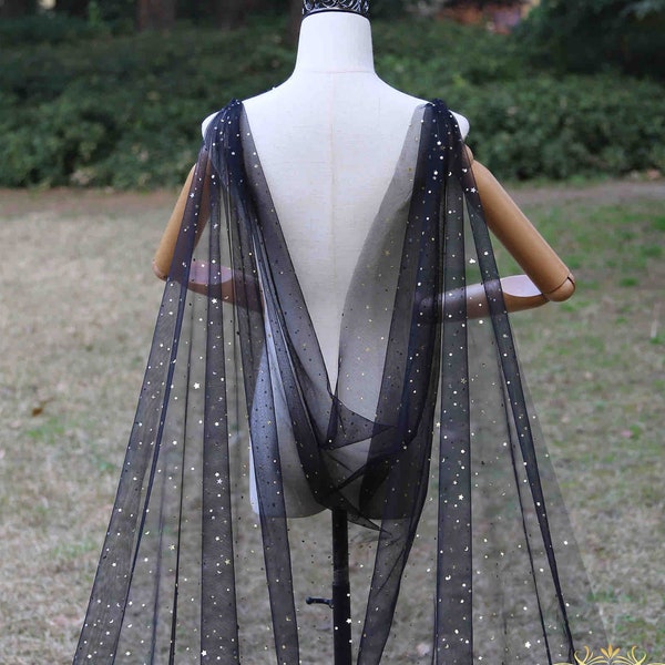 Glitter Gold Star Sequin Black bridal chapel wedding cape shawl poncho bridal veil long cape detachable bridal cape veil wedding cape adult