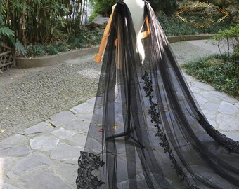 Black lace with sequins Bridal Cathedral Wedding cape Veil sequins lace Black Bridal chapel cape beaded cape veil Bridal shawl wedding veil