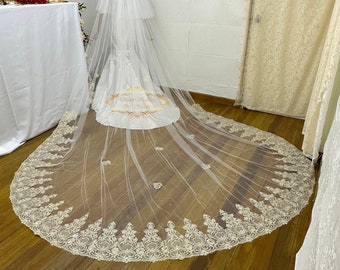 Gold Embroidered Lace wedding veil wedding cathedral bridal lace Blusher champagne wedding Veil Two Tier Cathedral Veil Ivory Veil VBC22