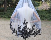 Black Floral Lace White Veil, Lace Applique Fingertip Veil, Gothic Bridal Short Veil, Soft Tulle, Custom Length, Moody Halloween Alternative
