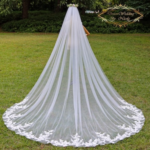 Floral Lace Applique Cathedral Wedding Veil - Elegant Bridal Tulle Veil