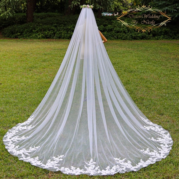 celestial wedding dress lace bridal cathedral wedding veil Elegant bridal veil with flower lace applique cathedral veil wedding Ivory veil