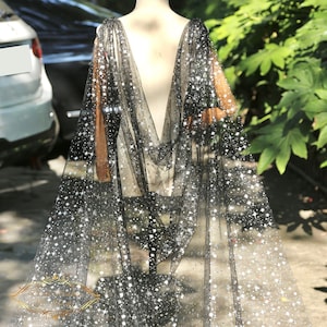 Sparkling silver stars black Cathedral wedding cape train Stars with silver sparks Black bridal chapel cape veil floor bridal cape veil