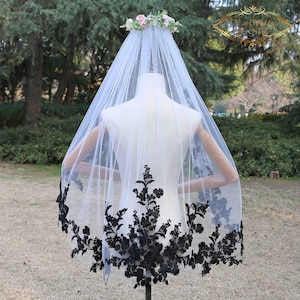 Black Floral Lace White Veil Black Lace Fingertip Wedding Veil appliques bridal veil for wedding short Ivory veil Waltz Veil full size veil