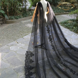 Black lace with sequins Bridal Cathedral Wedding cape Veil sequins lace Black Bridal chapel cape beaded cape veil Bridal shawl wedding veil
