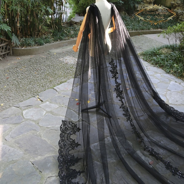 Black lace with sequins Bridal Cathedral Wedding cape Veil sequins lace Black Bridal chapel cape beaded cape veil Bridal shawl wedding veil