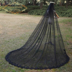 2022 NEW Handmade beaded lace cathedral black veil brides long black wedding veil black lace cathedral wedding veil Edge lace custom veil