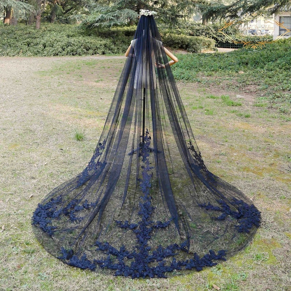 Dark black floral lace veil cathedral wedding veil 1 layer long black bridal veil unbroken black veil brides floral bridal cathedral veil