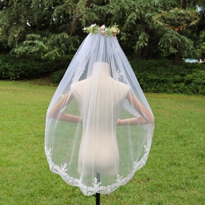 Lace Pearl Wedding Veil: Fingertip Bridal Veil, Ivory Tulle