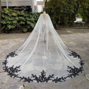 Floral Lace Cathedral Blusher Cape Veil cathedral wedding veil with blusher black lace long chapel bridal wedding cape veil wedding ivory