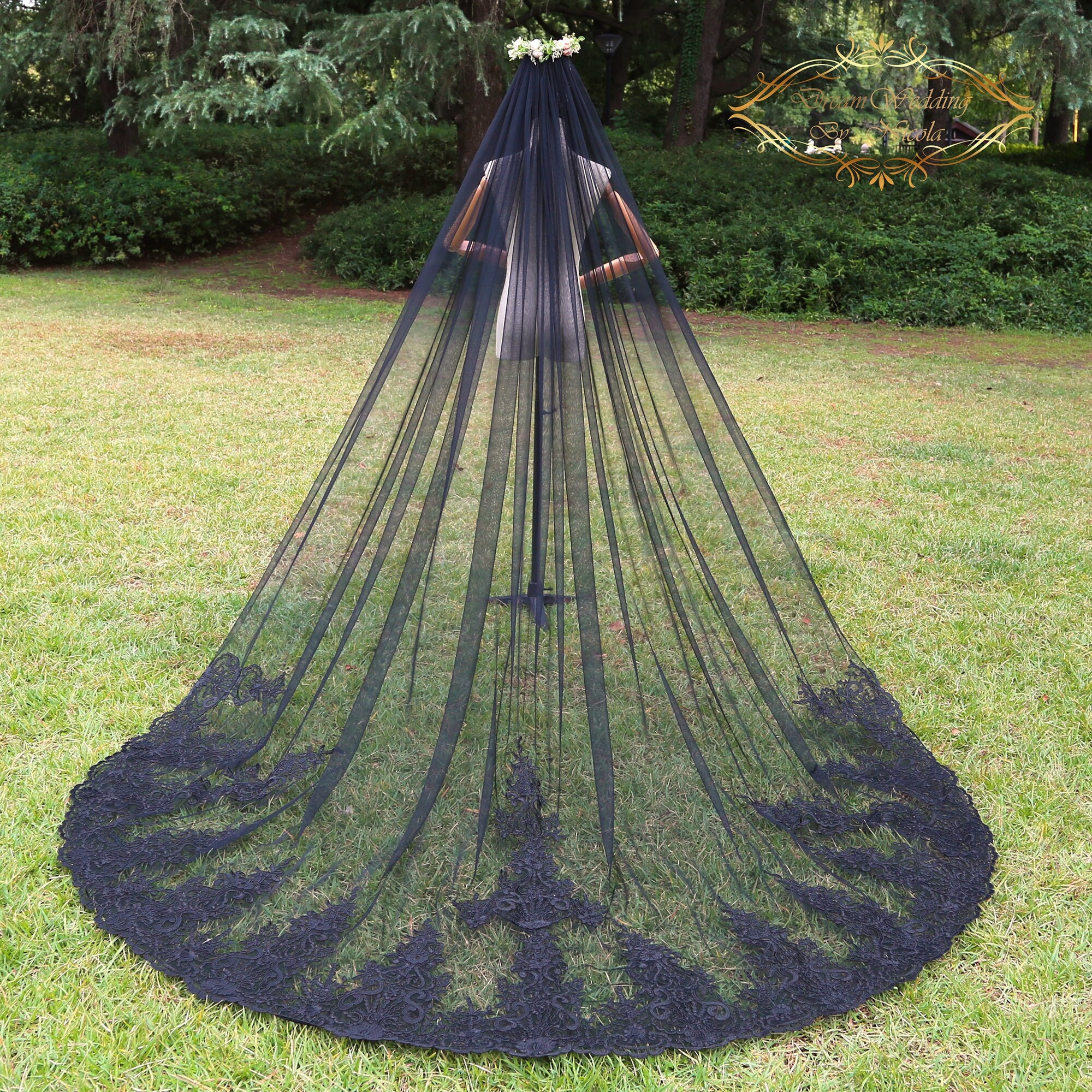 Witchy Wedding Veil Cathedral - Black Lace Illusion Veil - No