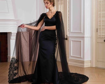 Black Lace Sequined Cathedral Wedding Cape - Gothic Bridal Veil