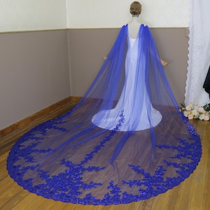 Royal Blau Pailletten Spitze Kathedrale Hochzeit Cape Schleier - Handgemacht