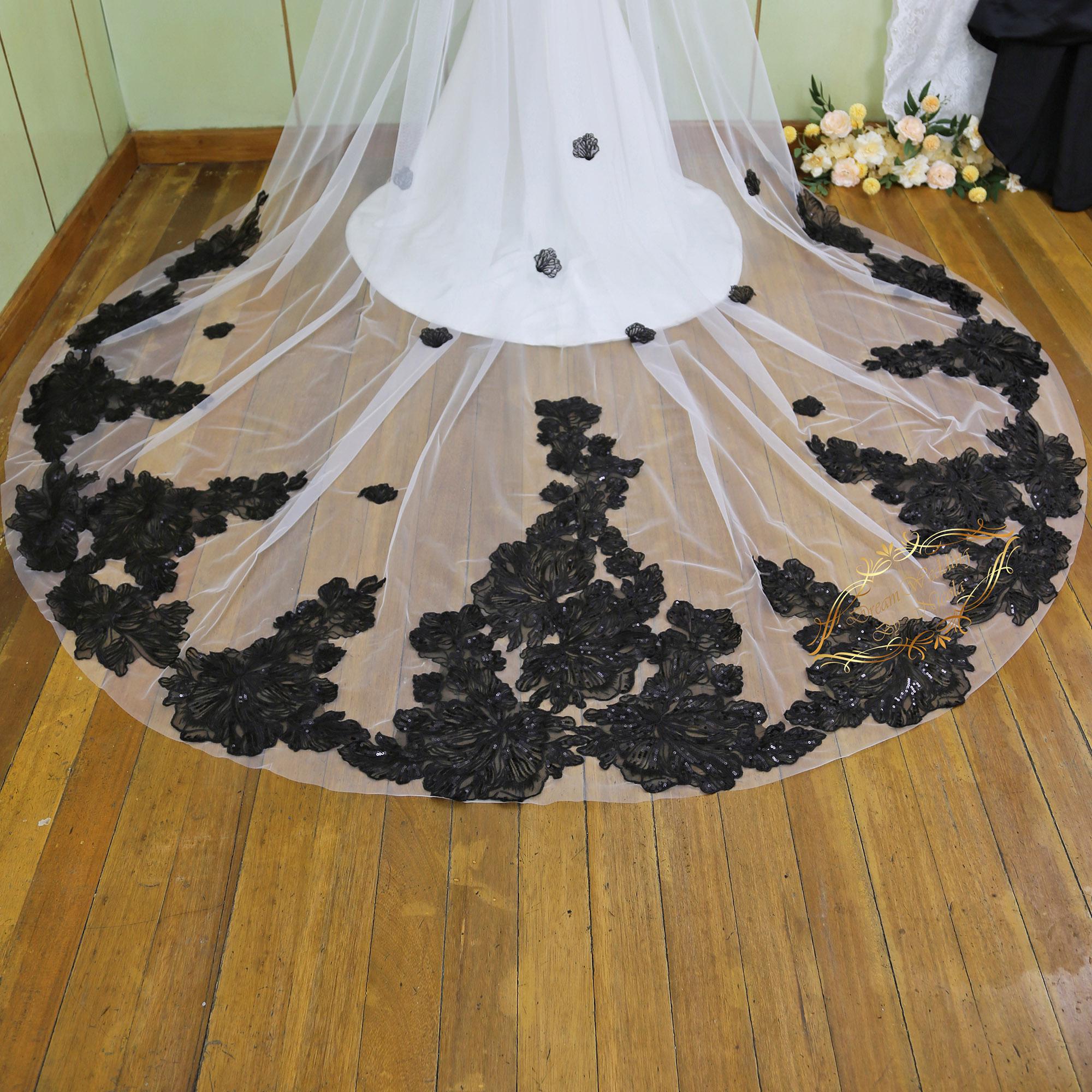 Embroidered Black Sequin Floral Lace Cathedral Wedding Veil 