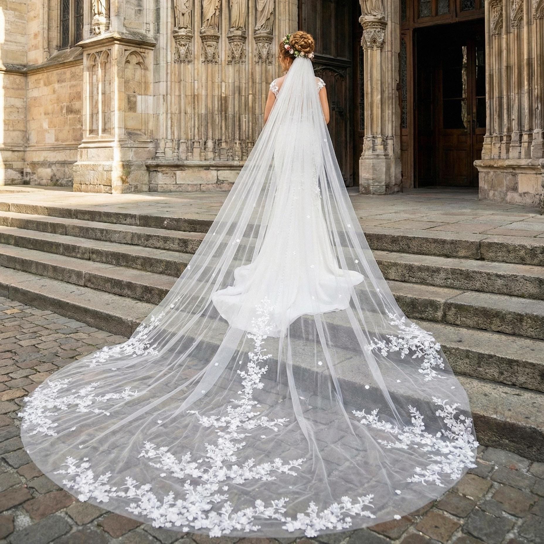 New 118 in Extra Long Bridal Veil Wedding Lace Trim Floral Cathedral True White Cathedral Veil with Floral French Lace Trim, White/ Ivory  main image 3