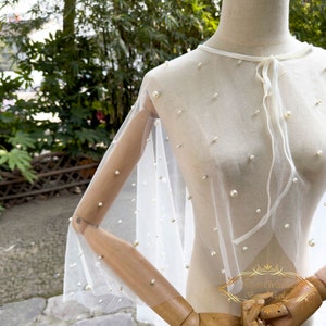 Pearl Tulle Wedding Cape: Bridal Floor Length Shawl
