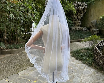 Simple lace lace fingertips Wedding veil Bridal veil Edge lace Fingertip length 1 layer veil with bridal Ivory floor veil Custom length veil