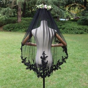 New Ballet Bridal Veil with black lace wedding dress Fingertip black wedding Veil with lace Wedding cathedral bridal lace Custom black veil