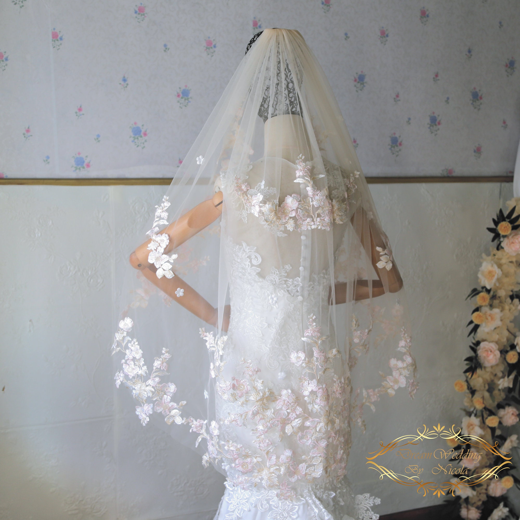 Blossom draped wedding veil with Trinity lace, available in soft ivory Set-V902-11673689-Ivory.jpg?v=  main image 3