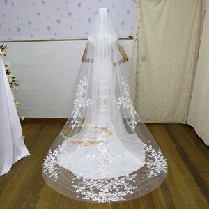 Pink Floral Lace Wedding Veil: Chapel Length Bridal Veil