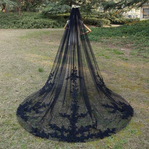 Elegant black floral lace veil cathedral veil,one layer long black applique lace veil Floral lace veil Black Wedding Veil chapel veil bridal