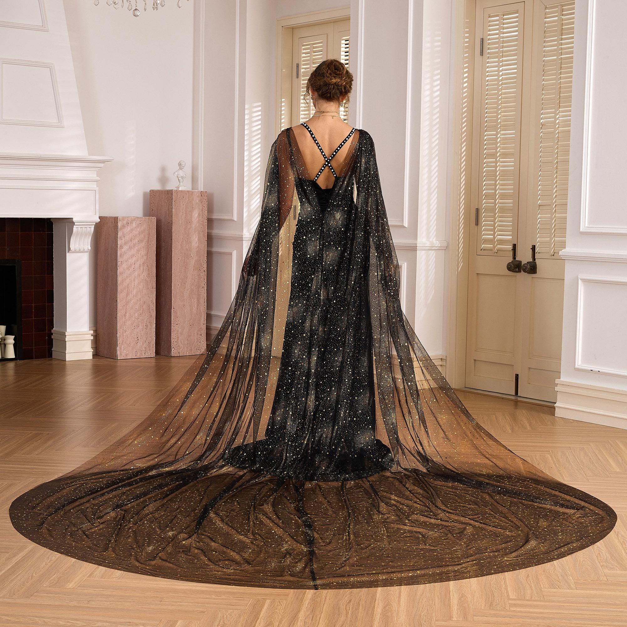 black and gold cape dress Golden Spark Fireworks Cathedral Cape,Gothic Sequin Floor Bridal Wedding Veil, Black Cape With Glod,Decorative veil statement piece