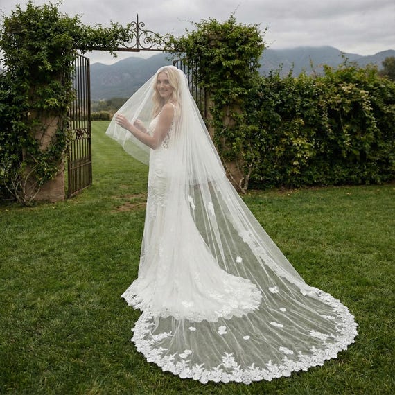 Sequined Lace Cathedral Wedding Veil: Double Layer Ivory  display picture 1