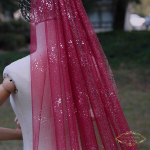 Burgundy Cathedral Wedding Veil: Silver Glitter Sequins, Handmade