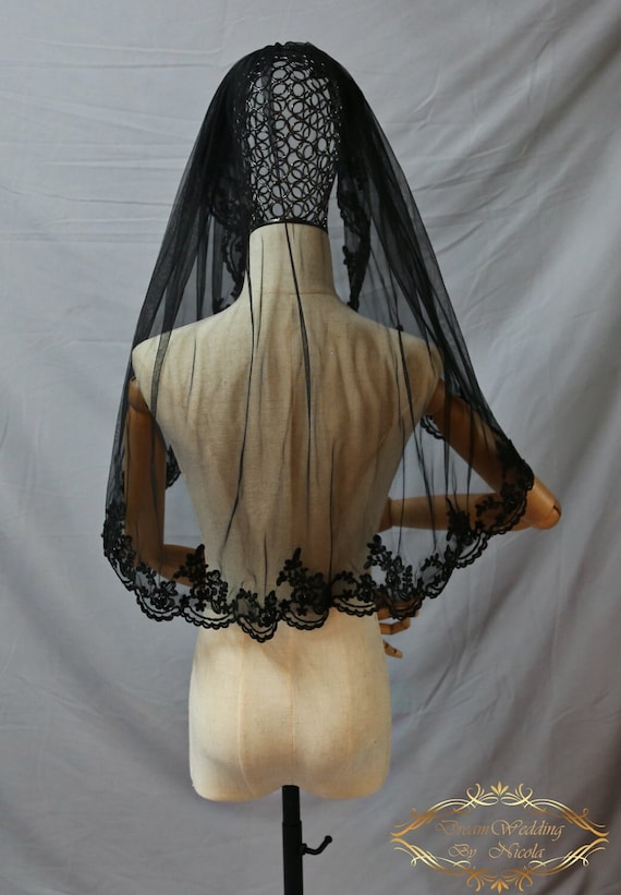 Black Veil One Layer Pearl Veil Black Lace Pearl Cathedral - Etsy
