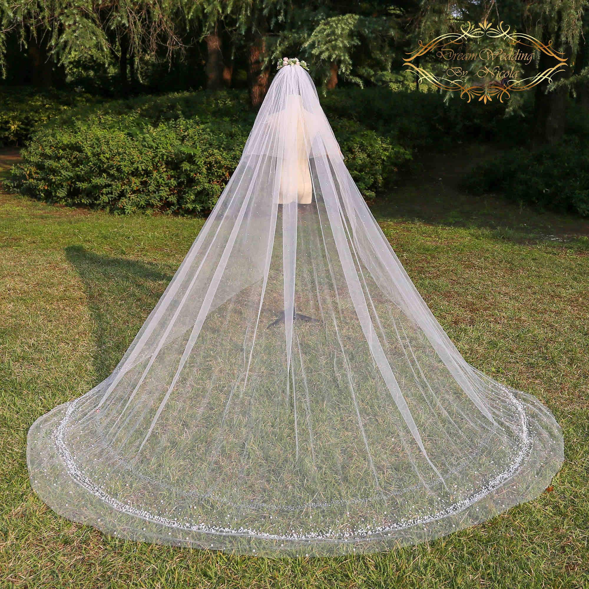Cathedral Wedding Veil: Crystal Pearl Blusher, Glitter Tulle  display picture 1