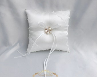 Crystal Wedding Ring Pillow: Light Ivory Lace, Satin Ribbon