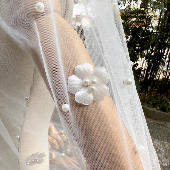 New: Pearl Cathedral Wedding Veil - Light Ivory Cathedral Pearl Wedding Veil: Light Ivory Bridal Tulle  main image 2
