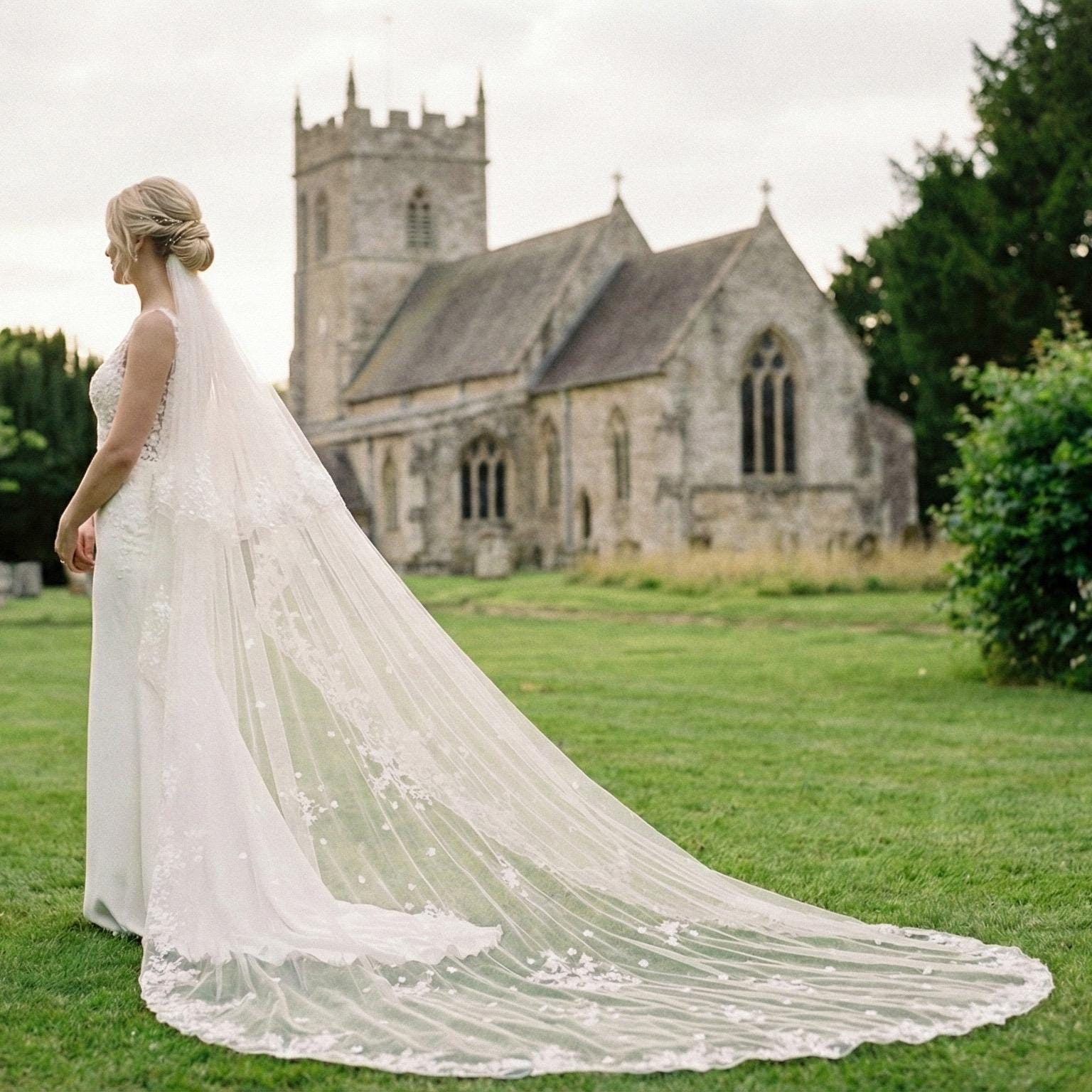 Floral Lace Cathedral Wedding Veil: Two Tier Horse Hair Edge - Etsy