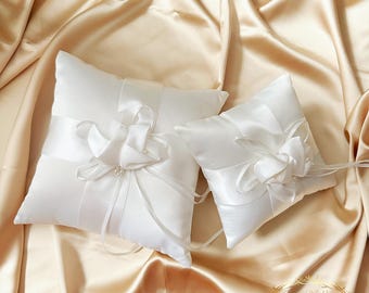 Handmade Light Ivory Satin Bridal Ring Pillow with Rose Bud