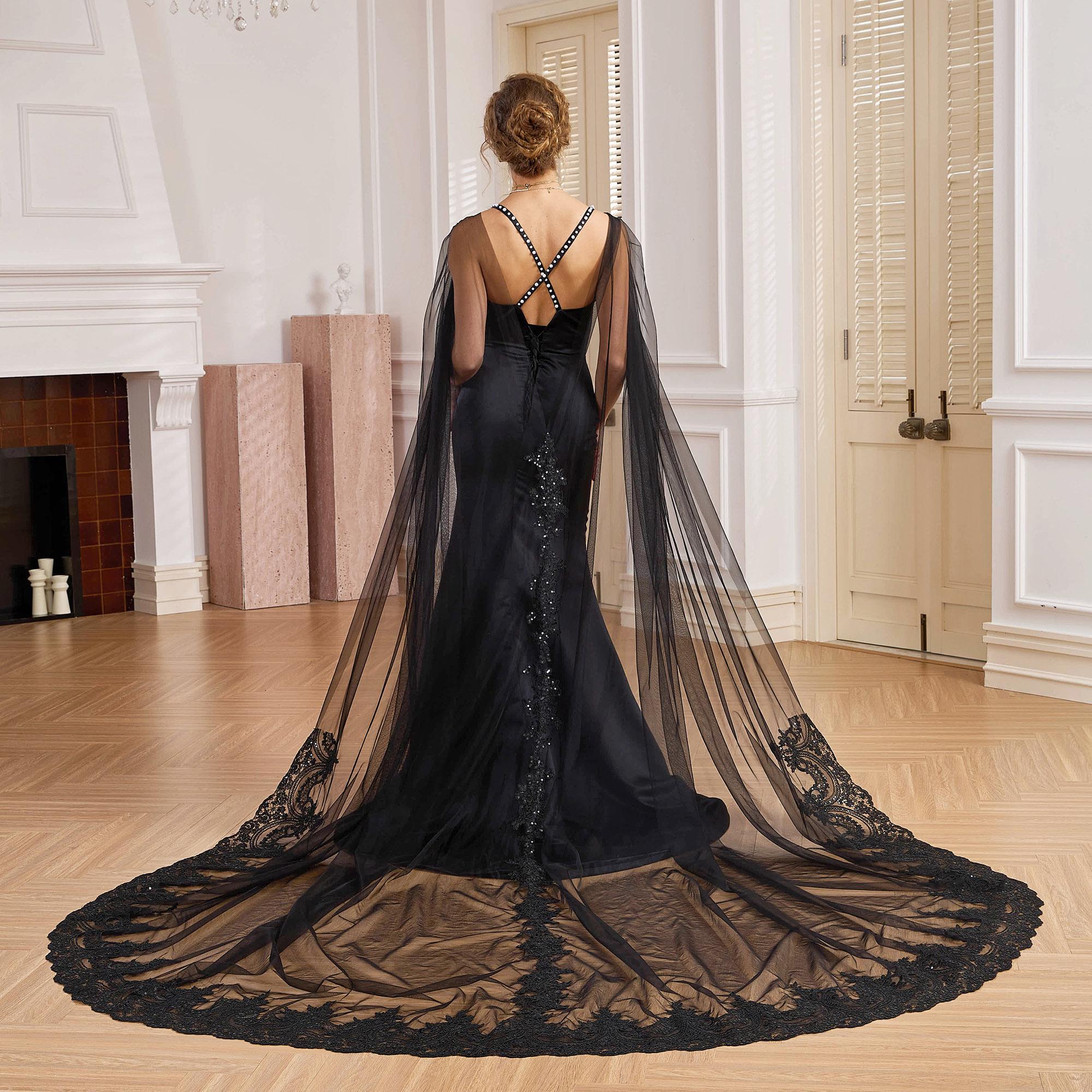Black Lace Sequins Bridal Cathedral Wedding Cape Gothic Sequins Lace Black Bridal Chapel Cape Beaded Cape Halloween bridal cape wedding veil