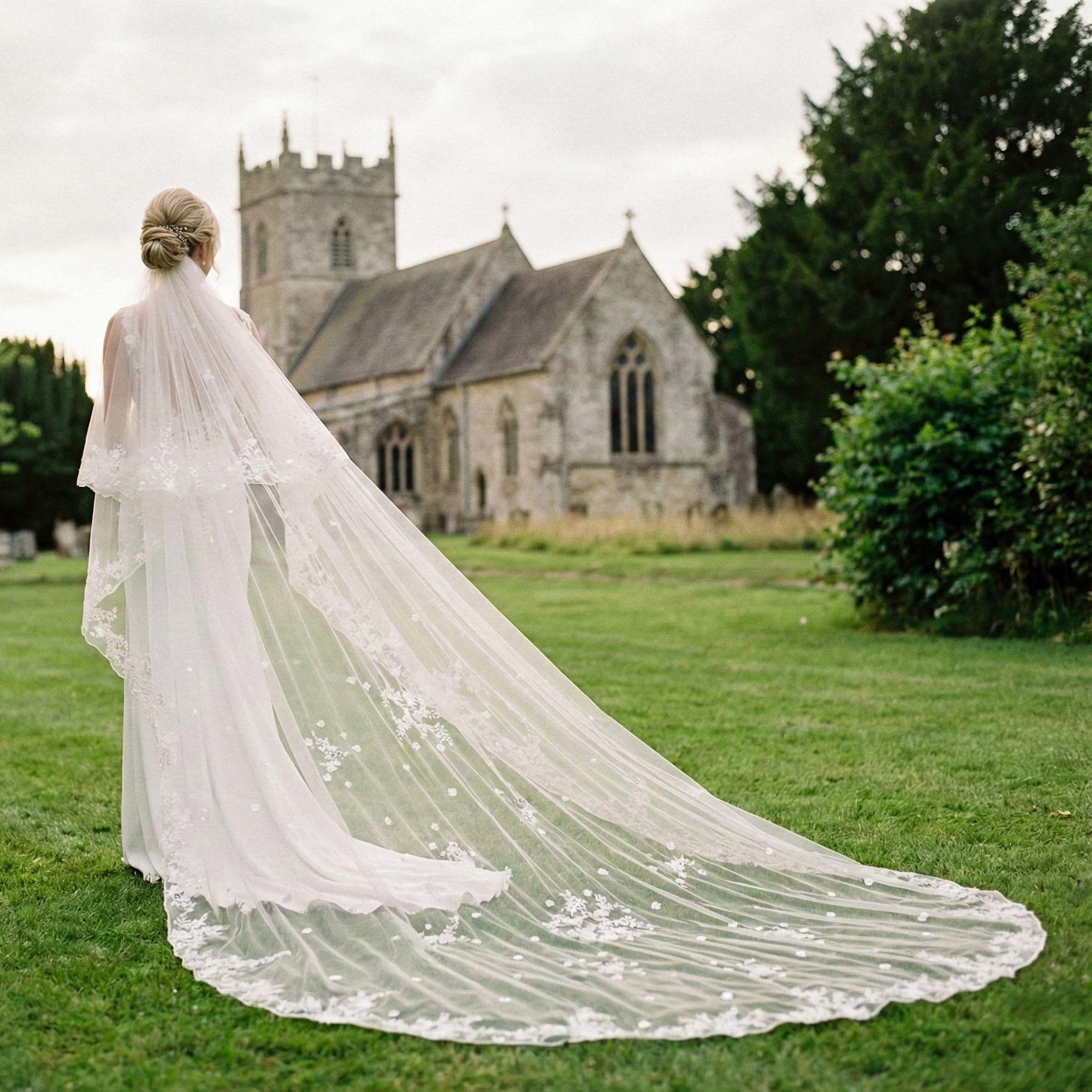 Floral Lace Cathedral Wedding Veil: Two Tier Horse Hair Edge - Etsy