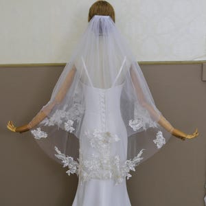 Double Tier Fingertip Ivory Lace Veil: Sequins Rose, Bridal Veil