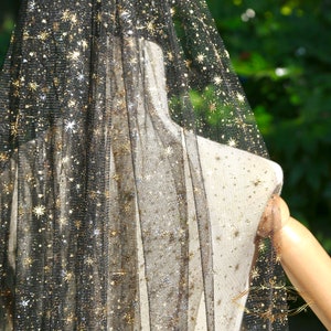 Sparkling Black Cathedral Wedding Veil: Gold Silver Stars, Chapel Length