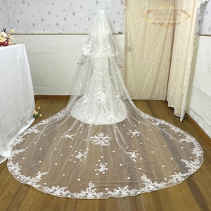 Unique horse hair edges Cathedral Two Tier Lace Blusher Wedding Veil Lace long veil Bridal Cathedral Veil Floral Lace Edge blush Veil VBC14