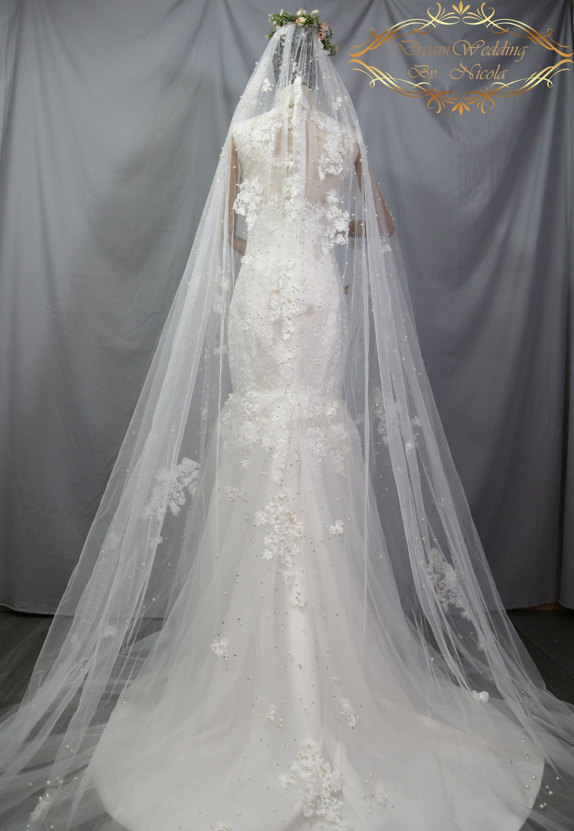 Pearl Applique Cathedral Wedding Veil lace bridal veils Etsy