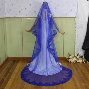 Voile de mariée à sequins bleu roi, dentelle appliquée, longueur au sol