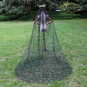 Golden Star Cathedral Wedding Veil: Black Glitter Tulle, Handmade