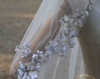 New|| Silver Lace Fingertip Bridal Wedding Veil Champagne Lace Wedding Fingertip wedding veil wedding champagne  Fingertip veil ivory veil