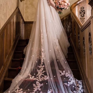 Blush and Ivory Lace Wedding Veil - Romantic Vintay Bridal Veil, Cathedral or Royal Length, Soft Blush Bridal Veil Accessory, two tier veil