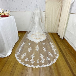 Cathedral Wedding Veil Delicate Floral Lace Applique two tier Wedding Veil bridal Lace Edge Veil decorative veil simple blusher veil VL53