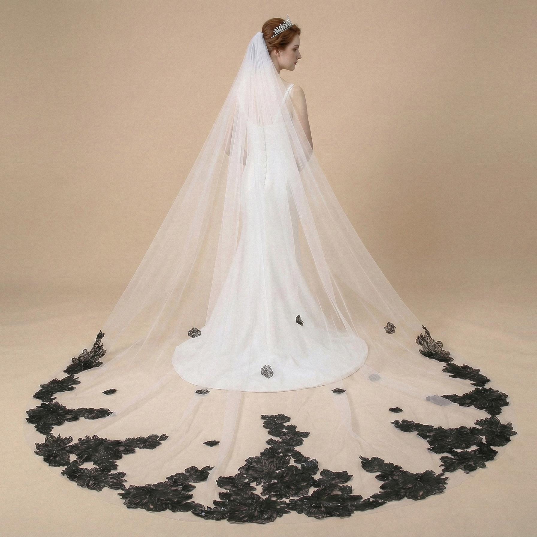 Embroidered Black Sequin Floral Lace Cathedral Wedding Veil  display picture 3