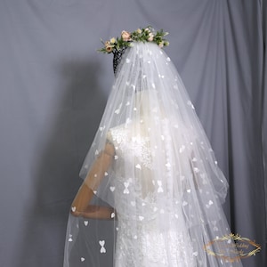 Flocked Heart Wedding Veil: Two Tier Bridal Veil, Cathedral Length